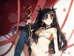 Rule 34 | 1girl, archer (ishtar), arm support, armlet, asymmetrical legwear, asymmetrical sleeves, bad id, bad pixiv id, bare arms, bare legs, bare shoulders, barefoot, bikini, black collar, black detached sleeves, black hair, black panties, black ribbon, black thighhighs, blue thighhighs, blush, breasts, cleavage, closed mouth, collar, crown, detached sleeves, earrings, fate/grand order, fate (series), female focus, floating hair, hair ribbon, holding, holding sword, holding weapon, hoop earrings, ishtar (fate), jewelry, knees up, legs, long hair, looking at viewer, lots of jewelry, mismatched legwear, navel, neck, panties, parted bangs, red eyes, revealing clothes, ribbon, ring, single detached sleeve, single sleeve, single thighhigh, sitting, small breasts, smile, solo, strapless, swimsuit, sword, thighhighs, thighlet, tohsaka rin, tube top, two side up, type-moon, underwear, uneven legwear, uneven sleeves, weapon, white tube top