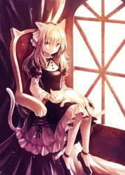 Rule 34 | 1girl, animal, animal ears, animal on lap, armchair, bad id, bad pixiv id, blonde hair, cat, cat ears, cat on lap, cat tail, chair, curtains, dress, expressionless, frilled dress, frills, highres, kazi, light, light particles, long sleeves, looking at viewer, on lap, original, sitting, sleeping, sunlight, tail, window, yellow eyes