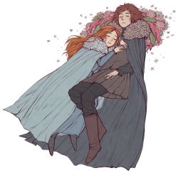 Rule 34 | 1boy, 1girl, a song of ice and fire, braid, brother and sister, brown hair, cape, dress, closed eyes, flower, game of thrones, orange hair, robb stark, sansa stark, shie (517151), short hair, siblings, sleeping