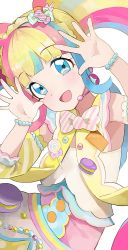 Rule 34 | 1girl, armpit peek, blonde hair, blue eyes, blue hair, blunt bangs, blush, bow, candy, daia (pri chan), detached sleeves, diagonal-striped bow, dress, food, hands up, highres, hiroki (yyqw7151), kiratto pri chan, lollipop, long hair, looking at viewer, macaron, multicolored hair, open mouth, pretty series, red hair, sidelocks, simple background, sleeveless, sleeveless dress, smile, solo, twintails, white background