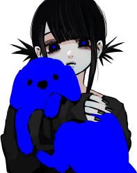 Rule 34 | 1girl, animal, asymmetrical bangs, black eyes, black hair, black nails, blue pupils, dog, highres, holding, holding animal, holding dog, long sleeves, looking at viewer, nail polish, open mouth, original, short twintails, sidelocks, simple background, solo, twintails, upper body, urokogaran, white background
