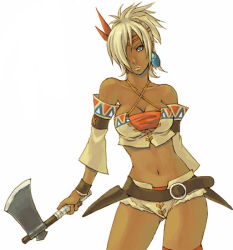 Rule 34 | 1girl, axe, bandeau, belt, blonde hair, blue eyes, dark skin, dark-skinned female, detached sleeves, hatchet, lowres, midriff, shadow hearts, shadow hearts from the new world, shania, short shorts, shorts, solo, strapless, tube top, warrior, weapon, hatchet (axe)