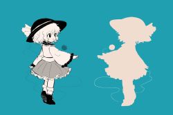 Rule 34 | 1girl, black eyes, black footwear, black hat, blouse, blue background, bow, chibi, frills, grey skirt, hair between eyes, hat, highres, komeiji koishi, long sleeves, looking at another, open mouth, rei (tonbo0430), shirt, shoes, short hair, simple background, skirt, smile, socks, solo, standing, touhou, white bow, white hair, white shirt, white sleeves, white socks
