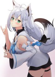 Rule 34 | 1girl, :/, ahoge, animal ear fluff, animal ears, artist request, black shorts, black thighhighs, blush, braid, breasts, commentary, detached sleeves, double fox shadow puppet, earrings, fox ears, fox girl, fox shadow puppet, fox tail, from side, green eyes, highres, hololive, jewelry, leaning forward, long hair, long sleeves, looking at viewer, low ponytail, pout, shirakami fubuki, shirakami fubuki (1st costume), short shorts, shorts, side braid, sideboob, sidelocks, single braid, single thighhigh, small breasts, solo, standing, tail, thigh strap, thighhighs, virtual youtuber, wide sleeves, yudetama
