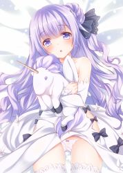 Rule 34 | 1girl, :o, azur lane, bare shoulders, bed sheet, black bow, black ribbon, blush, bow, bow panties, clothes lift, commentary request, detached sleeves, dress, dress lift, hair between eyes, hair bun, hair ribbon, head tilt, long hair, long sleeves, looking at viewer, lying, minakami rinka, hugging object, on back, one side up, panties, parted lips, purple eyes, purple hair, ribbon, side bun, single hair bun, single side bun, sleeves past wrists, solo, stuffed animal, stuffed pegasus, stuffed toy, stuffed unicorn, stuffed winged unicorn, thighhighs, underwear, unicorn (azur lane), very long hair, white dress, white panties, white thighhighs
