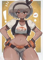 Rule 34 | !, 1girl, absurdres, bea (pokemon), blush, breasts, breath, buruma, clothes writing, collarbone, creatures (company), dark skin, fingerless gloves, game freak, gloves, grey buruma, grey eyes, grey hair, hairband, hands on own hips, highres, large breasts, looking at viewer, midriff, navel, nintendo, orange gloves, parted lips, pokemon, pokemon swsh, shirt, short hair, short sleeves, sparkle, speech bubble, standing, teeth, tony welt, underboob, white shirt, wide hips, yellow background