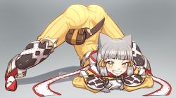 Rule 34 | 1girl, alten, animal ears, ass, bag, belt, blunt bangs, blush, bodysuit, cat ears, cat girl, facial mark, grey background, grin, jack-o&#039; challenge, looking at viewer, lying, meme, nia (xenoblade), sexually suggestive, shiny clothes, shiny skin, short hair, sidelocks, silver hair, smile, solo, xenoblade chronicles (series), xenoblade chronicles 2, yellow eyes