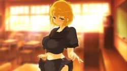 Rule 34 | 10s, 1girl, breasts, clothes lift, covered erect nipples, large breasts, nipples, ryouna (senran kagura), senran kagura, skirt, skirt lift, solo