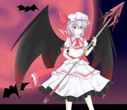 Rule 34 | 1girl, akisome hatsuka, ascot, bat (animal), bat wings, hat, holding, looking at viewer, mob cap, polearm, purple hair, red eyes, remilia scarlet, short hair, smile, solo, spear, touhou, weapon, wings, wrist cuffs
