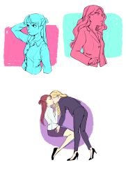 Rule 34 | 2girls, artist request, blonde hair, collared shirt, diana cavendish, closed eyes, highres, kagari atsuko, kiss, little witch academia, multiple girls, office lady, aged up, red hair, shirt, yuri
