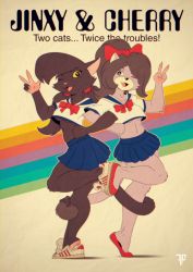 Rule 34 | 2girls, :3, absurdres, animal ears, animal hands, animal nose, arm up, black eyes, black fur, black hair, blue eyes, blue sailor collar, blue skirt, body fur, borrowed character, bow, bowtie, breasts, bright pupils, brown hair, cat ears, cat girl, cat tail, character name, chromatic aberration, claws, clenched hand, collarbone, colored sclera, covered erect nipples, crop top, english text, female focus, fox-pop vli, freckles, furry, furry female, hair bow, hair tie, hand on own hip, happy, highres, leg up, legs, locked arms, long hair, looking at viewer, miniskirt, multiple girls, navel, no bra, one eye closed, open mouth, original, outline, parted bangs, pleated skirt, ponytail, purple fur, rainbow, red bow, red bowtie, red footwear, retro artstyle, sailor collar, school uniform, serafuku, shirt, shoes, short sleeves, sidelocks, skirt, small breasts, smile, standing, standing on one leg, stomach, tail, tail around another&#039;s leg, tail around own leg, tiptoes, twintails, two-tone fur, underboob, v, w, white footwear, white fur, white outline, white pupils, white shirt, wink, yellow sclera