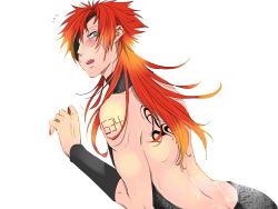 Rule 34 | 1boy, androgynous, arm tattoo, artist request, ass, back, back tattoo, blonde hair, blue eyes, blush, butt crack, eyepatch, from behind, gradient hair, headband, highres, long hair, looking at viewer, looking back, male focus, meme attire, multicolored hair, musashi (nanbaka), nail polish, nanbaka, number tattoo, open mouth, orange hair, scar, simple background, solo, sweatdrop, sweater, tattoo, two-tone hair, virgin killer sweater, white background, wristband