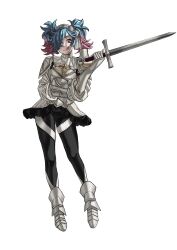 Rule 34 | 1girl, armor, black pants, blue hair, fire emblem, fire emblem fates, highres, holding, holding sword, holding weapon, kozaki yuusuke (style), licking lips, looking at viewer, nintendo, pants, peacefulandflat, peri (fire emblem), red eyes, smile, solo, standing, sword, tongue, tongue out, twintails, weapon, white footwear