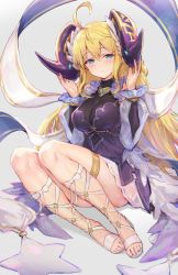 Rule 34 | 1girl, ahoge, bare shoulders, blonde hair, blue background, blue eyes, breasts, choker, cleavage, dragalia lost, dress, earrings, feet, female focus, hair ribbon, haoni, highres, horn ornament, horns, jewelry, large breasts, looking at viewer, open mouth, ribbon, sandals, signature, simple background, smile, solo, tiara, toes, zena (dragalia lost), zethia
