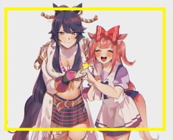 Rule 34 | 2girls, ^ ^, agnes digital (umamusume), animal ears, bandaid, bandaid on face, bandaid on leg, bandaid on nose, belt, belt buckle, black hair, blush, border, bow, breasts, buckle, cleavage cutout, closed eyes, closed mouth, clothing cutout, coat, cowboy shot, facing viewer, fingerless gloves, gloves, hair bow, heart hands failure, highres, horse ears, horse girl, horse tail, large breasts, long hair, long sleeves, looking at viewer, mayana (bbpp), miniskirt, multiple girls, narita brian (umamusume), open mouth, outside border, pink gloves, pink hair, puffy short sleeves, puffy sleeves, sarashi, school uniform, short sleeves, skirt, smile, sweatdrop, tail, teeth, thumbs up, tongue, towel, towel around neck, tracen school uniform, two side up, umamusume, upper teeth only, white coat, white skirt, yellow border, yellow eyes