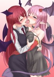 Rule 34 | 2girls, artist request, bat wings, breast press, commission, crossover, demon girl, french kiss, grabbing, grabbing another&#039;s breast, hand on another&#039;s ass, hug, kiss, koakuma, lilith (rabi-ribi), long hair, multiple girls, pointy ears, rabi-ribi, saliva, shirt, skeb commission, tagme, tail, tongue, tongue out, touhou, trait connection, very long hair, wings, yuri