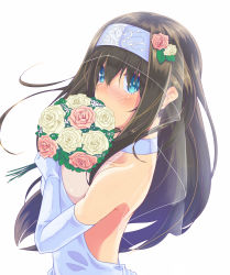 Rule 34 | 10s, 1girl, alternate costume, backless dress, backless outfit, bare shoulders, black hair, blue eyes, blush, bouquet, breasts, bridal veil, commentary request, covering own mouth, dress, elbow gloves, flower, gloves, hairband, highres, hujikok, idolmaster, idolmaster cinderella girls, large breasts, long hair, looking at viewer, sagisawa fumika, sideboob, simple background, solo, upper body, veil, wedding dress, white background