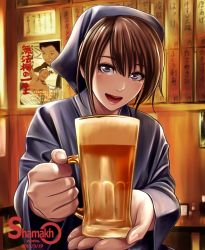 Rule 34 | 1girl, :d, alcohol, beer, beer mug, blue eyes, brown hair, cup, foreshortening, looking at viewer, mug, open mouth, poster (medium), poster (object), shamakho, smile, solo