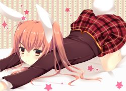 Rule 34 | 1girl, ajiriko, all fours, animal ears, bad id, bad pixiv id, brown eyes, brown hair, checkered clothes, checkered skirt, light brown hair, long sleeves, original, rabbit ears, rabbit tail, shirt, skirt, solo, star (symbol), striped, striped background, tail, twintails, vertical stripes