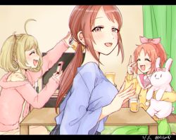 Rule 34 | 3girls, abe nana, ahoge, bad id, bad pixiv id, blonde hair, blouse, blurry, blush, bow, brown eyes, brown hair, can, cardigan, cellphone, choko omochi, closed eyes, commentary request, cup, dated, depth of field, drinking glass, drinking straw, hair bow, highres, holding, holding can, hood, hoodie, idolmaster, idolmaster cinderella girls, indoors, kotatsu, long hair, looking at viewer, mifune miyu, multiple girls, open mouth, orange hair, phone, pink bow, ponytail, sato shin, shirt, sitting, smartphone, smile, stuffed animal, stuffed rabbit, stuffed toy, table, television, twintails, twitter username, v, v over eye
