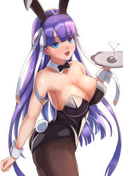 Rule 34 | 1girl, animal ears, bare shoulders, black leotard, black pantyhose, blue eyes, blunt bangs, breasts, cowboy shot, cup, detached collar, drinking glass, fake animal ears, fate/grand order, fate (series), highleg, highleg leotard, hime cut, holding, holding tray, kanki (kibunhasaikou), large breasts, leotard, martha (fate), pantyhose, playboy bunny, purple hair, rabbit ears, rabbit tail, simple background, solo, standing, straight hair, strapless, strapless leotard, tail, tray, white background, wrist cuffs