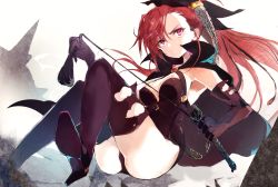 Rule 34 | 1girl, black cape, black footwear, black gloves, black leotard, boots, breasts, cape, female focus, gloves, hair ribbon, high collar, high heel boots, high heels, highres, holding, holding whip, leotard, ponytail, rance (series), reclining, red eyes, red hair, ribbon, satella, serious, solo, strapless, strapless leotard, swept bangs, thigh boots, thighhighs, thighs, tutugano, whip