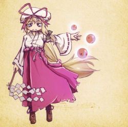 Rule 34 | 1girl, alternate costume, blonde hair, boots, bow, chamaji, commentary request, frown, full body, gohei, hair bow, hat, hat bow, japanese clothes, long hair, long sleeves, looking at viewer, miko, mob cap, oonusa, outstretched arm, purple eyes, simple background, solo, touhou, very long hair, wide sleeves, yakumo yukari, yin yang
