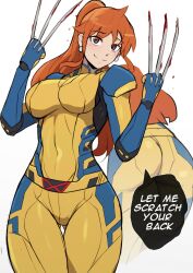 1girl ass blood blush breasts claws cosplay deadpool_&amp;_wolverine deadpool_(series) funi_xd highres jewelry long_hair looking_at_viewer marvel marvel_cinematic_universe nami_(one_piece) one_piece orange_eyes orange_hair ponytail smile solo wolverine_(x-men) wolverine_(x-men)_(cosplay) x-men