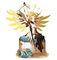 Rule 34 | 1girl, annyeongbangawo, armor, blonde hair, blue eyes, bodysuit, breasts, brown legwear, faulds, first aid kit, full body, halo, high ponytail, holding, holding staff, looking at viewer, mechanical halo, mechanical wings, medium breasts, mercy (overwatch), overwatch, overwatch 1, pelvic curtain, simple background, sitting, smile, solo, spread wings, staff, swiss flag, white background, white bodysuit, wings, yellow wings