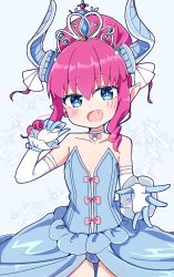 Rule 34 | 1girl, :d, bare shoulders, blue dress, blue eyes, blue horns, breasts, choker, collarbone, commentary, detached sleeves, dragon horns, dress, elbow gloves, elizabeth bathory (cinderella rider) (fate), elizabeth bathory (fate), fang, fate/grand order, fate (series), gloves, hair bun, horns, long hair, open mouth, pink hair, pointy ears, rabiiandrain, single hair bun, small breasts, smile, solo, strapless, strapless dress, tiara, white gloves