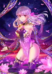 Rule 34 | 1girl, breasts, closed mouth, cloud, collarbone, commentary request, dress, earrings, fate/grand order, fate (series), floating hair, flower, hand up, horizon, jewelry, kama (fate), kama (second ascension) (fate), long hair, looking at viewer, medium breasts, night, night sky, outdoors, petals, pink flower, purple dress, purple eyes, purple hair, purple thighhighs, see-through, sky, solo, standing, star (sky), starry sky, thighhighs, villyane, wading, water