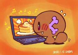 Rule 34 | blush, commentary, commentary request, computer, creatures (company), dark skin, dated, drooling, food, game freak, highres, laptop, mixed-language commentary, musical note, nintendo, orange background, paldean wooper, pancake, pokemon, pokemon (creature), saba hokke, screen, tail