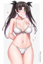 Rule 34 | 1girl, alternate breast size, arms behind back, artist name, black hair, blue eyes, blush, bra, breasts, cowboy shot, cursive, dated, fate/stay night, fate (series), french text, frilled bra, frilled panties, frills, gluteal fold, grey background, hair ribbon, hanada yanochi, heart, large breasts, light frown, long hair, looking at viewer, navel, outside border, panties, parted bangs, ribbon, solo, standing, sweat, thigh gap, tohsaka rin, twintails, underwear, underwear only, white bra, white panties