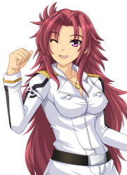 Rule 34 | 1girl, alice soft, belt, breasts, cleavage, covered erect nipples, daiteikoku, empire of japan, female focus, highres, jewelry, kurenasm, large breasts, long hair, medal, military, military uniform, nagumo keiko, necklace, one eye closed, open mouth, purple eyes, red hair, simple background, smile, solo, uniform, white background, wink