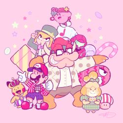 Rule 34 | 2girls, 5boys, :o, alternate costume, animal crossing, badge, barefoot, baseball cap, belt, belt buckle, black eyes, blonde hair, blue shorts, blush stickers, bow, bowser, bowtie, brown belt, brown hair, brown shorts, buckle, buttons, candy, candy cane, cape, check gender, claws, clenched hand, coin, collared jacket, collared shirt, commentary, creatures (company), crown, dress, english commentary, eyelashes, facial hair, food, frilled dress, frills, full body, furry, furry female, furry male, game freak, gen 1 pokemon, glasses, gloves, green bow, green dress, green headwear, green jacket, green ribbon, hair bow, handheld game console, hat, hat ornament, hat ribbon, heart, highres, hipster, holding, holding wand, horns, isabelle (animal crossing), jacket, jradical2014, kirby, kirby (series), letter, lightning bolt symbol, link, long sleeves, looking ahead, mario, mario (series), metroid, multiple boys, multiple girls, mustache, nintendo, nintendo 3ds, open clothes, open jacket, open mouth, pants, pikachu, pink background, pink bow, pink bowtie, pink hair, plaid, plaid bow, plaid dress, plaid shirt, playing games, pointing, pointing up, pokemon, polka dot, polka dot jacket, polka dot shorts, power suit (metroid), puffy pants, puffy short sleeves, puffy sleeves, red footwear, red hair, red headwear, red jacket, ribbon, samus aran, sharp teeth, shield, shirt, shoes, short hair, short ponytail, short sleeves, shorts, signature, smile, sneakers, solid oval eyes, star (symbol), star print, striped bow, striped bowtie, striped clothes, striped jacket, striped pants, super mushroom, teeth, the legend of zelda, thick eyebrows, toon link, top hat, triforce, upper teeth only, v-shaped eyebrows, vertical-striped clothes, vertical-striped jacket, vertical-striped pants, very short hair, wand, warp pipe, white cape, white gloves, white horns, white shirt, white stripes