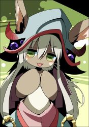 Rule 34 | 10s, 1girl, :3, animal ears, blush, body fur, ears through headwear, flat chest, furry, furry female, goat eyes, kuro kaze, large hat, looking at viewer, made in abyss, nanachi (made in abyss), open mouth, simple background, smile, solo, whiskers, white hair, yellow eyes
