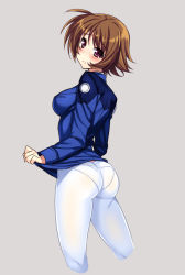 Rule 34 | 1girl, amy limietta, ass, blush, breasts, brown hair, clothes lift, from behind, gluteal fold, grey background, highres, lifted by self, long sleeves, looking at viewer, looking back, lyrical nanoha, medium breasts, military, military uniform, panties, panties under pantyhose, pantyhose, pantylines, purple eyes, raiou, shirt lift, short hair, simple background, solo, standing, underwear, uniform, white pantyhose