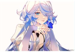 Rule 34 | 1girl, blue eyes, blue hair, blue nails, commentary request, dress, furina (genshin impact), genshin impact, jesse (pixiv34586727), juliet sleeves, long hair, long sleeves, looking at viewer, multicolored hair, nail polish, puffy sleeves, smile, solo, streaked hair, upper body, very long hair, white dress, white hair