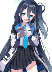 Rule 34 | 1girl, :d, absurdly long hair, aris (blue archive), black hair, blue archive, blue eyes, collared shirt, commentary, game boy, hair between eyes, hair ornament, hairband, halo, handheld game console, highres, holding, holding handheld game console, jacket, long hair, long sleeves, looking at viewer, necktie, one side up, open mouth, pensuke, pleated skirt, pocket, school uniform, shirt, sidelocks, simple background, skirt, smile, solo, very long hair, white background