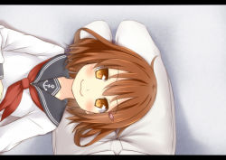 Rule 34 | 10s, 1girl, :3, blush, brown hair, hair ornament, hairclip, ikazuchi (kancolle), kantai collection, lap pillow, letterboxed, long sleeves, looking at viewer, lying on lap, personification, school uniform, short hair, smile, solo focus, tori (minamopa), yellow eyes