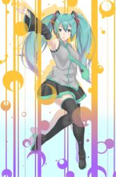 Rule 34 | 1girl, aqua eyes, aqua hair, arm up, armpits, bad id, bad pixiv id, boots, detached sleeves, hatsune miku, headset, highres, long hair, necktie, outstretched arm, rolua, skirt, smile, solo, thigh boots, thighhighs, twintails, vocaloid