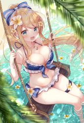 Rule 34 | 1girl, :d, absurdres, armpit crease, bare arms, bare shoulders, bikini, blonde hair, blue bikini, blue eyes, bow, breasts, cleavage, collarbone, emu alice, floating hair, flower, frilled bikini, frills, front-tie bikini top, front-tie top, gomano rio, groin, hair bow, hair flower, hair ornament, halterneck, highres, jewelry, large breasts, leaf, liver city, long hair, looking at viewer, nature, navel, necklace, open mouth, ponytail, ripples, smile, solo, stomach, string bikini, swimsuit, swing, thigh strap, thighs, very long hair, water, wet