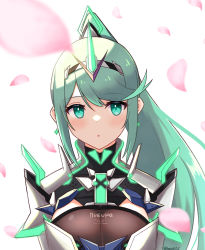 Rule 34 | 1girl, absurdres, breasts, chest jewel, earrings, gem, greek text, green eyes, green hair, headpiece, highres, jewelry, large breasts, long hair, pneuma (xenoblade), ponytail, reason3 s, solo, swept bangs, tiara, very long hair, xenoblade chronicles (series), xenoblade chronicles 2