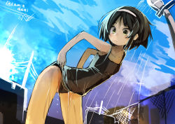 Rule 34 | 10s, 1girl, absurdres, adjusting clothes, adjusting swimsuit, bare shoulders, black hair, blue sky, clothes pull, collarbone, day, groin, hair ornament, hairband, highres, kaamin (mariarose753), kamindani, kantai collection, leaning forward, looking back, one-piece swimsuit, one-piece swimsuit pull, pussy, pussy peek, short hair, sky, solo, swimsuit, tanikaze (kancolle), twitter username, wet