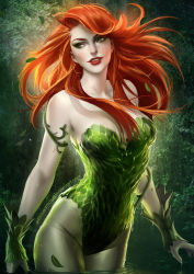 Rule 34 | 1girl, artist name, batman (series), breasts, cleavage, dc comics, green eyes, green theme, large breasts, leaf, leotard, orange hair, pantyhose, parted lips, poison ivy, red lips, sakimichan, solo, wading, watermark, web address