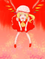 Rule 34 | 1girl, bad id, bad pixiv id, blonde hair, blush, fangs, female focus, flandre scarlet, hat, loup-garou, one side up, ponytail, red eyes, short hair, side ponytail, solo, touhou, wings