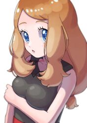Rule 34 | 1girl, :o, arm under breasts, blue eyes, blush, breasts, collarbone, creatures (company), game freak, highres, light brown hair, looking at viewer, medium breasts, nintendo, pitorigoto, pokemon, pokemon xy, serena (pokemon), shirt, sleeveless, sleeveless shirt, solo, twitter username, upper body