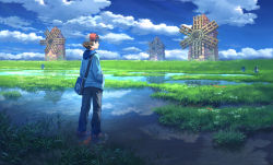 Rule 34 | 1boy, bag, baseball cap, blue footwear, blue hoodie, blue sky, brown eyes, brown hair, cloud, cloudy sky, creatures (company), day, field, from behind, game freak, gen 5 pokemon, grass, hands in pockets, hat, hilbert (pokemon), hood, hood down, hoodie, looking at viewer, looking back, male focus, nintendo, outdoors, palpitoad, pants, pippi (pixiv 1922055), pokemon, pokemon (creature), pokemon bw, puddle, reflection, scenery, shoes, shoulder bag, sky, smile, water, wide shot, windmill