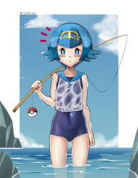 Rule 34 | 1girl, :o, absurdres, artist name, blue eyes, blue hair, blue sailor collar, blush, cloud, commentary, creatures (company), day, fishing rod, game freak, gluteal fold, gold hairband, hairband, highres, holding, holding fishing rod, lana (pokemon), looking at viewer, mr.thunderigor, nintendo, no sclera, one-piece swimsuit, open mouth, outdoors, poke ball, poke ball (basic), pokemon, pokemon sm, rock, sailor collar, school swimsuit, see-through, shirt, short hair, sky, sleeveless, solo, standing, swimsuit, swimsuit under clothes, trial captain, wading, water, wet, wet clothes