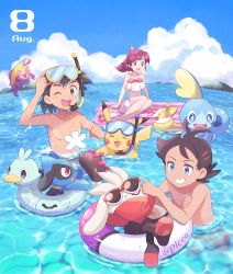Rule 34 | 1girl, 2boys, ash ketchum, barefoot, black hair, blue eyes, bruxish, chloe (pokemon), cloud, commentary request, creatures (company), dated, day, ducklett, game freak, gen 1 pokemon, gen 4 pokemon, gen 5 pokemon, gen 7 pokemon, gen 8 pokemon, goh (pokemon), green eyes, highres, innertube, long hair, mei (maysroom), multiple boys, navel, nintendo, on head, open mouth, outdoors, pikachu, pokemon, pokemon (anime), pokemon (creature), pokemon journeys, pokemon on head, pyukumuku, raboot, red hair, revision, riolu, sitting, sky, snorkel, sobble, sunglasses, swim ring, swimming, swimsuit, teeth, tongue, topless male, water, yamper